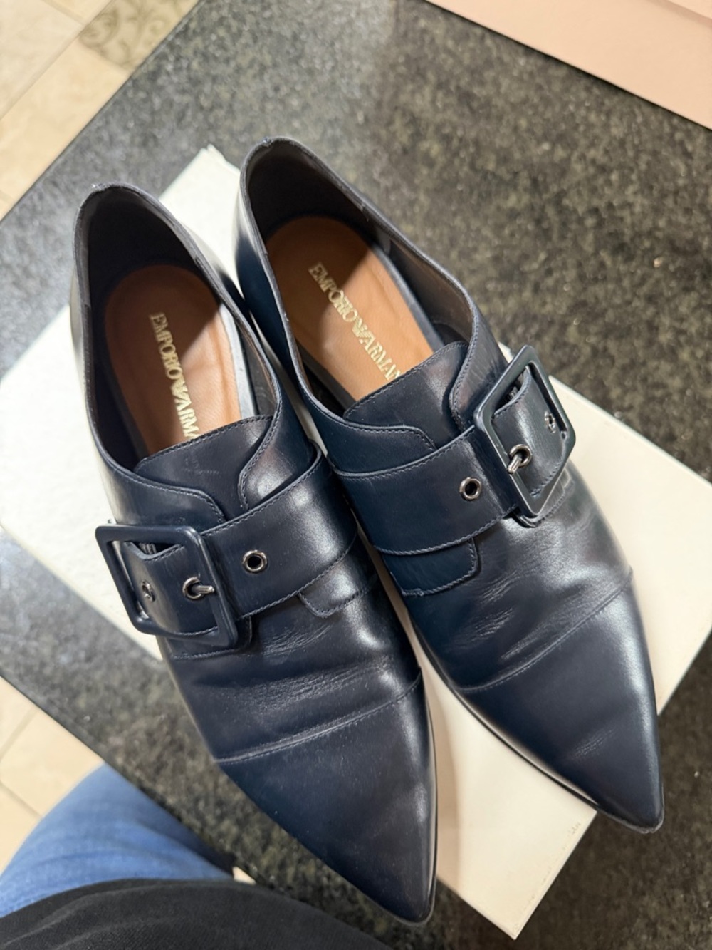 Emporio Armani Men's Dark Navy Leather Pointed Buckle Oxfords